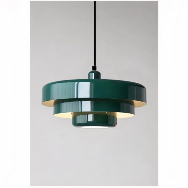 Green tiered metal pendant light with a layered dome shape