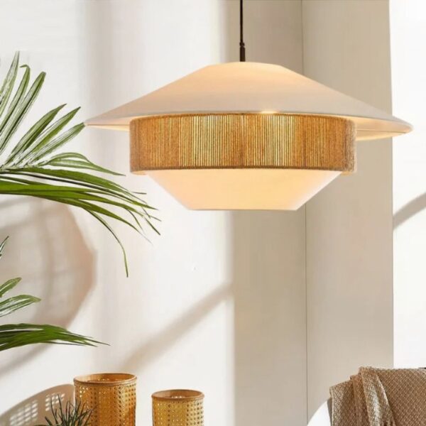 White ribbed dome pendant light with a woven natural rattan band