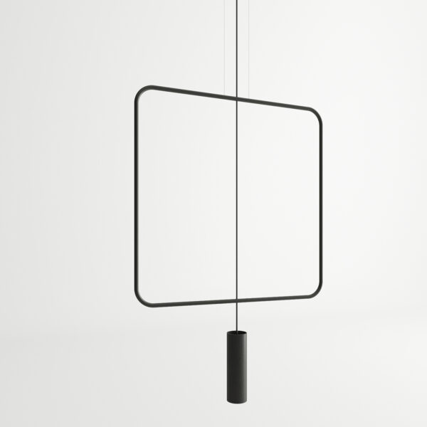 Pendant light with a black square frame and cylindrical spotlight