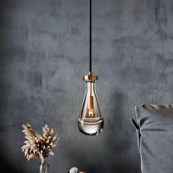 Brass and clear glass teardrop-shaped pendant light