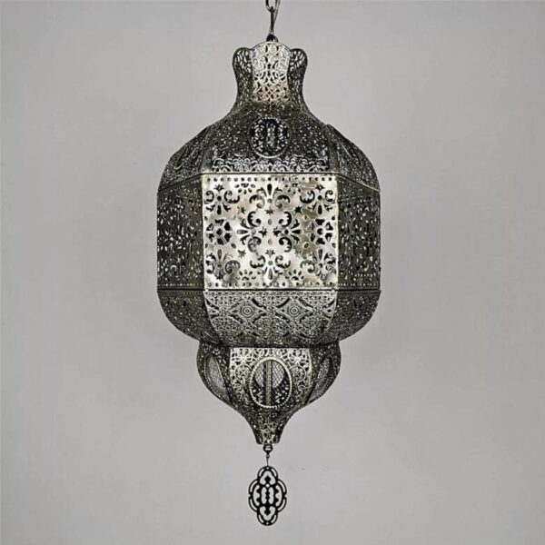 Ornate black and gold pierced metal Moroccan-style pendant lantern