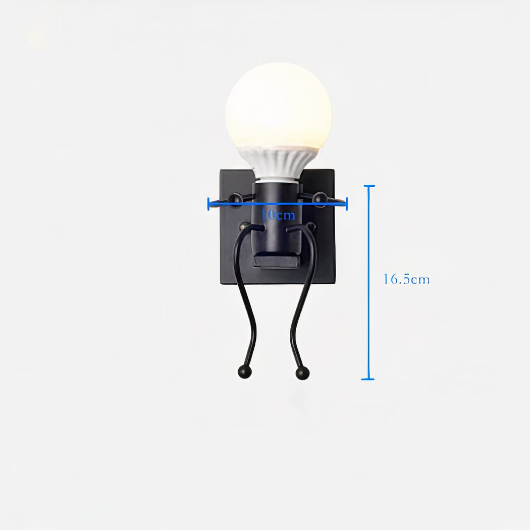Black wall light with a round opal glass globe on curved leg-like arms, dimensioned diagram
