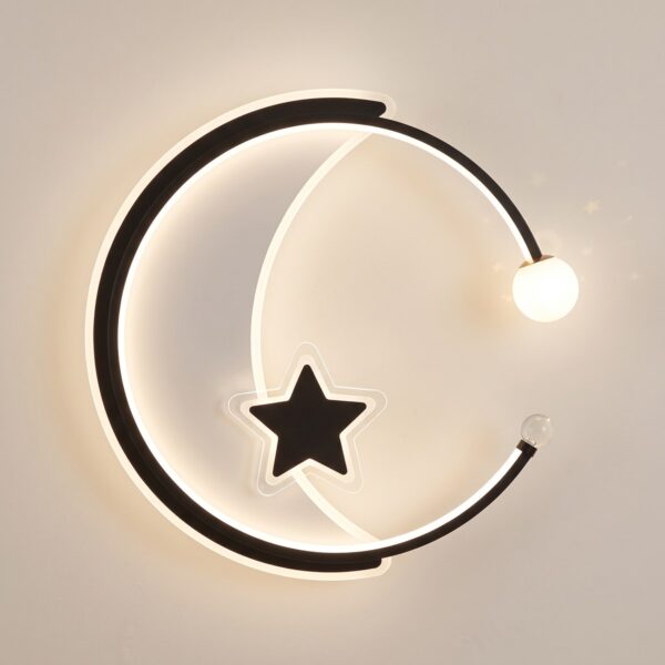 Starry sky chandelier for children's room, black and white ring with moon, star and globe, seen from below on the ceiling