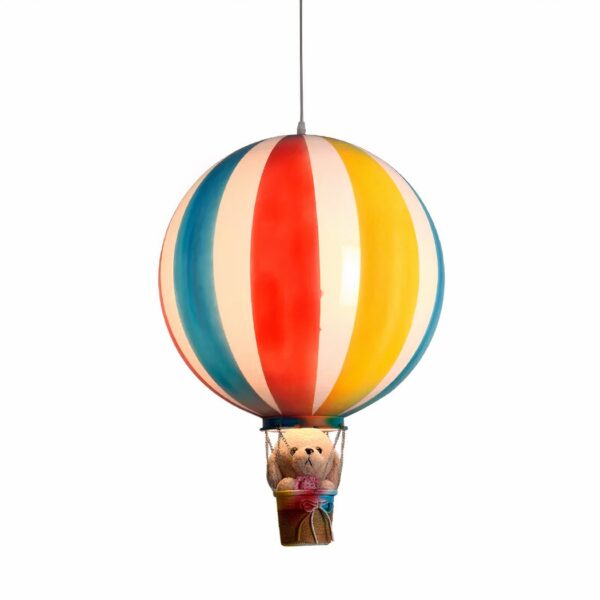 Colourful striped hot air balloon pendant light with a teddy bear in the basket