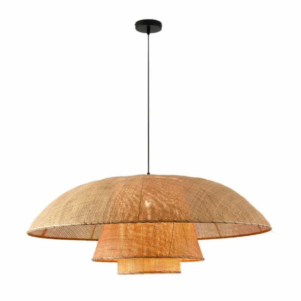 Woven rattan tiered dome pendant light with layered rings