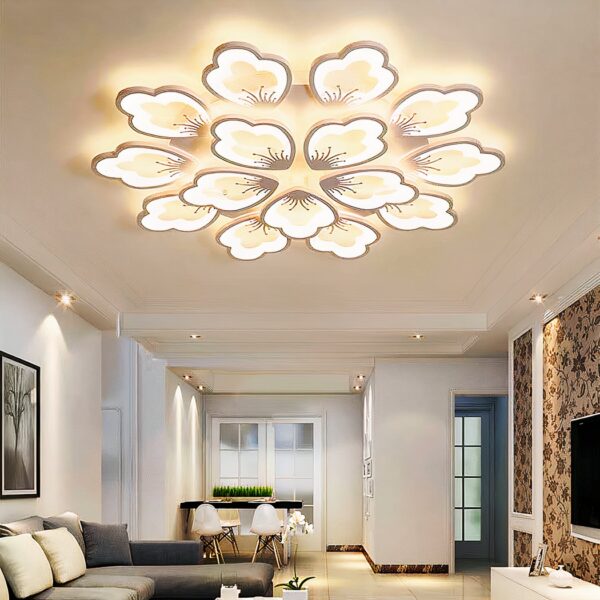 White flower shaped LED ceiling light with multiple petal clusters