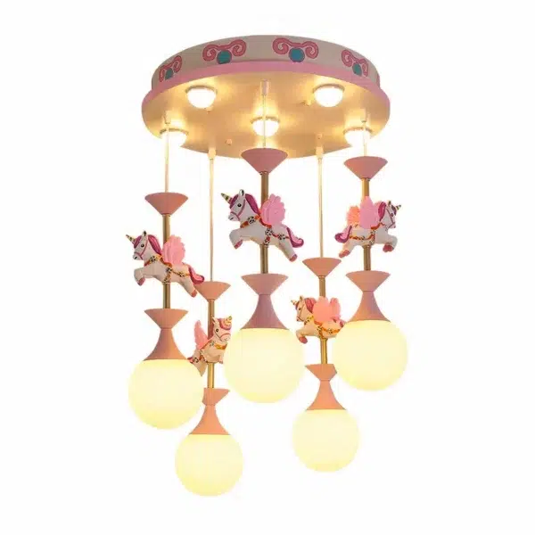 Pink carousel-themed chandelier with hanging unicorn figures and glass globes