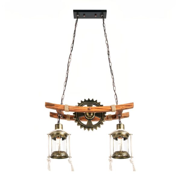 Industrial pendant with wood beams, chains, a gear wheel, and two lantern shades