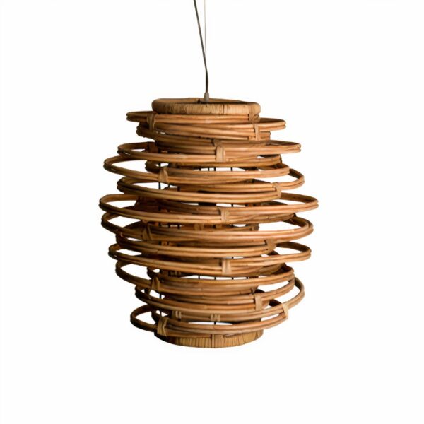 Cylindrical pendant light made of coiled woven cane in spiral bands