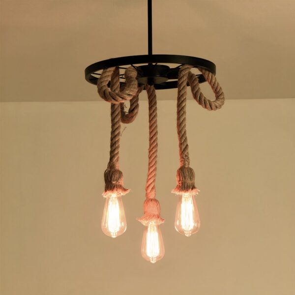 Black wheel pendant light with three thick rope cords and bulbs