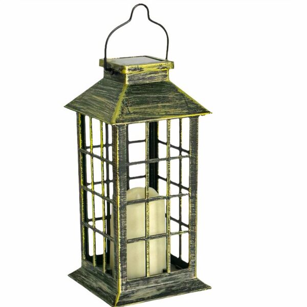 Retro lantern-style solar light with a faux flickering candle