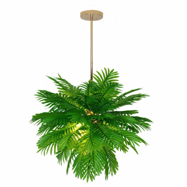 Pendant light designed as a hanging cluster of green palm leaves