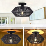 Black woven-look ceiling light above a kitchen counter, shown with two illuminated close-ups