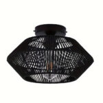 Black woven rope drum ceiling lamp with an exposed bulb underneath