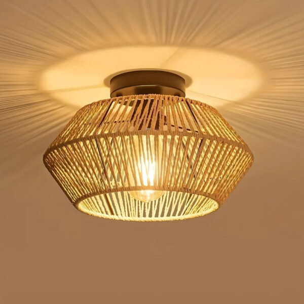 Beige or black rattan ceiling chandelier Woven rattan drum ceiling light glowing warmly from within