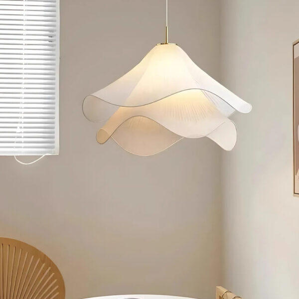 White fabric flower-shaped pendant light with layered petal edges