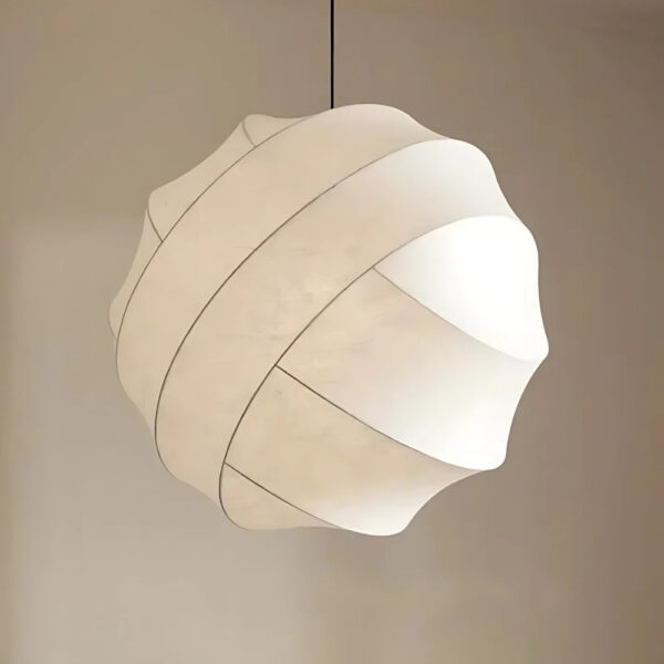 Japanese paper ball pendant light Round paper style pendant lamp with wavy folded texture, glowing softly