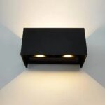Black rectangular LED wall light seen from the front with two warm downward light cones