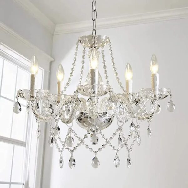 Crystal chandelier with five candle style lights and hanging cut crystal drops