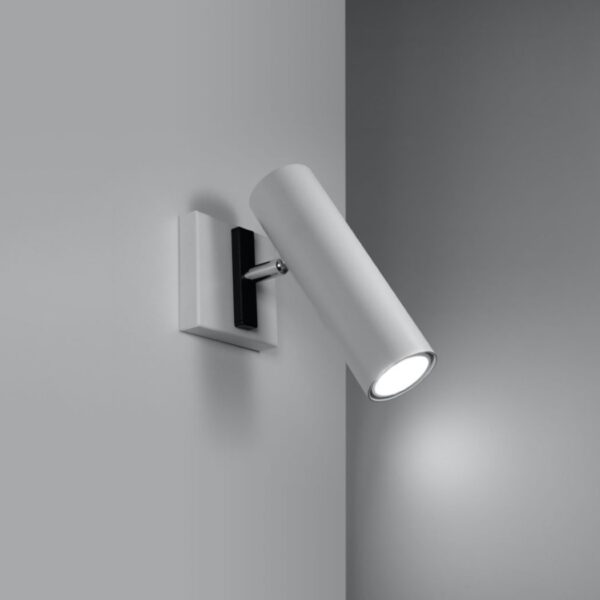 White cylindrical wall spotlight angled downward on a square backplate