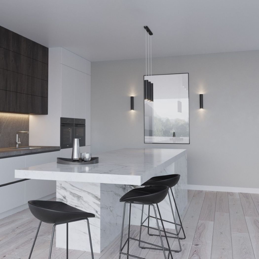 Kitchen with a multi-tube pendant and two slim vertical wall lights beside a mirror