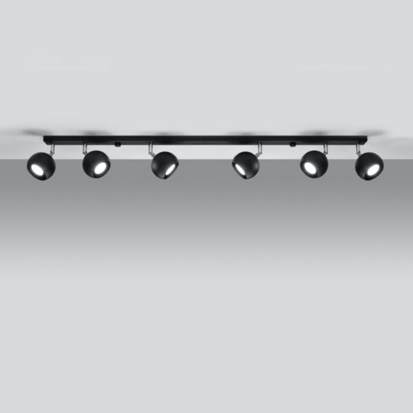 Black ceiling light bar with six adjustable round spotlights
