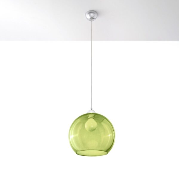 Green glass globe pendant light hanging from a white ceiling cord