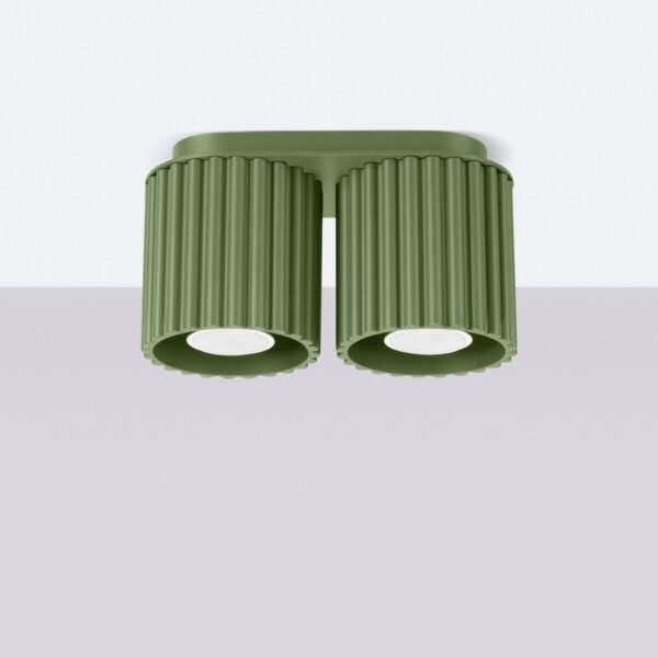Textured ceiling lamp with two pop-colour bulbs Green ceiling light with two ribbed cylindrical spotlights