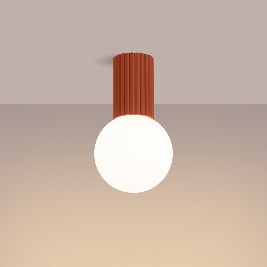 Terracotta fluted ceiling light with a round white glass globe