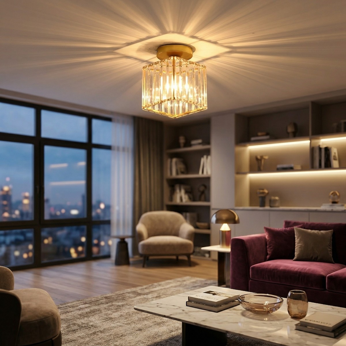Square crystal effect ceiling light lit at night above a burgundy velvet sofa