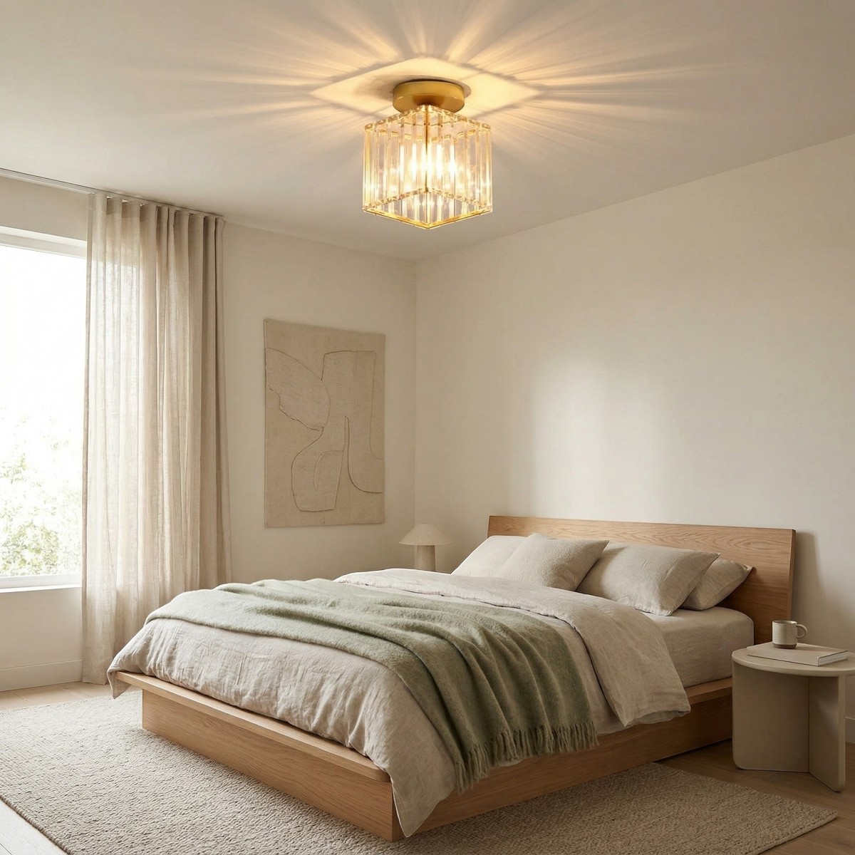 Gold square crystal effect ceiling light lit above a bed with a green throw