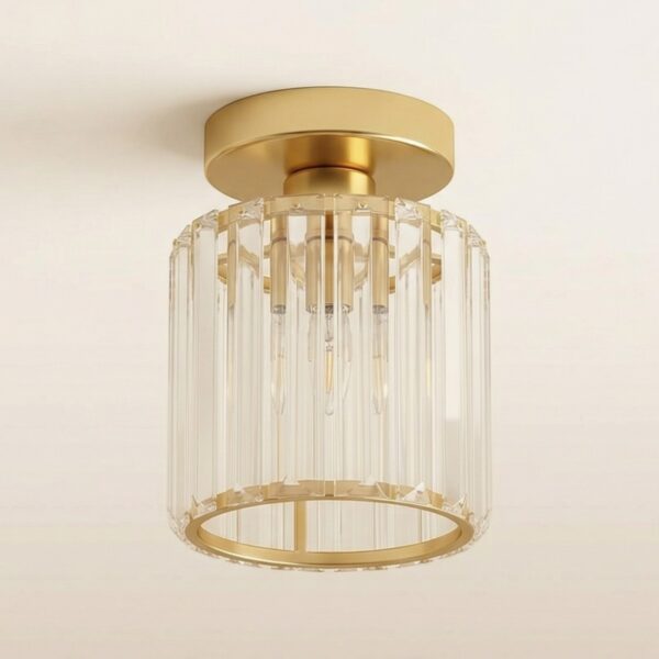 Round ceiling light with clear crystal glass rods and gold fitting
