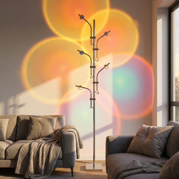 Floor lamp with multiple heads projecting coloured sunset circles onto the wall