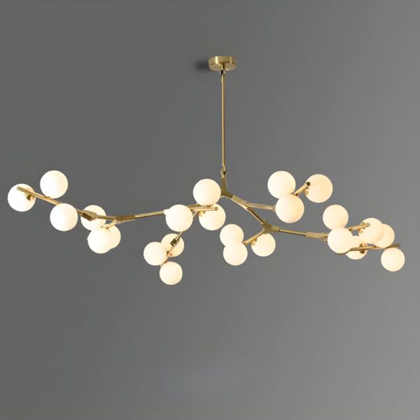 Branch chandelier with modern glass balls Gold branch chandelier with numerous white glass globes