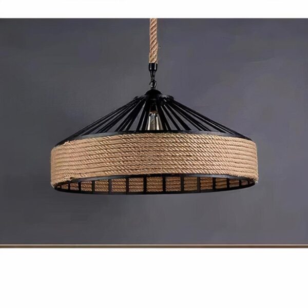Round pendant light with a thick jute rope shade and black spoke frame