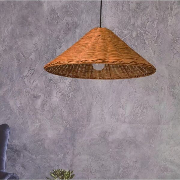 Woven rattan pendant light shaped like a wide cone hat