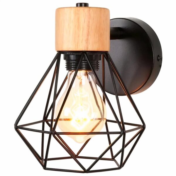 Black wire cage wall light with a wooden collar and exposed bulb