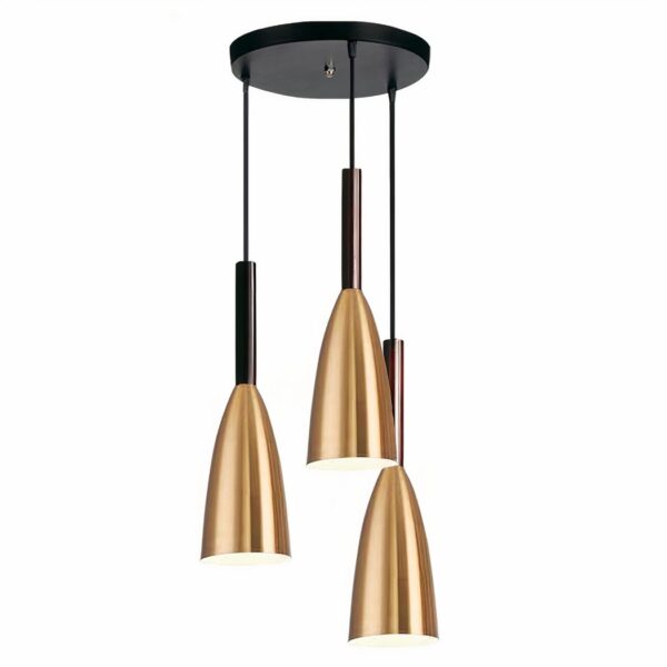Chandelier with 3 adjustable pendants and round base Three gold conical pendant lights at staggered heights on a round base