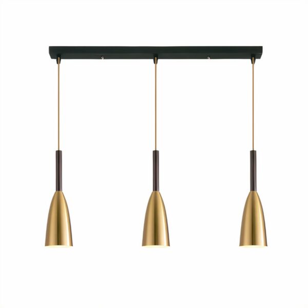 Three gold conical pendant lights at even heights on a black bar