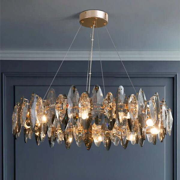 Antique crystal crown-shaped chandelier Round crystal chandelier with faceted glass drops on a gold frame