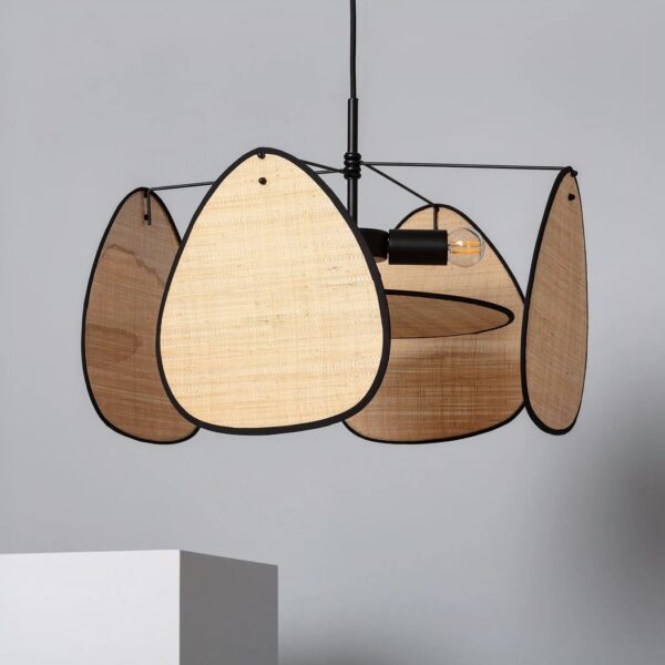 Pendant light with layered woven fabric teardrop-shaped panels