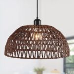 Woven dark rope dome pendant light with an open lattice weave