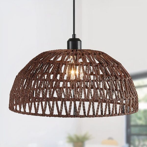Indoor suspended chandelier woven in dark hemp rope Woven dark rope dome pendant light with an open lattice weave
