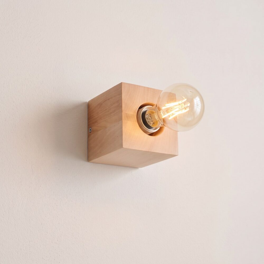Square natural wood wall light