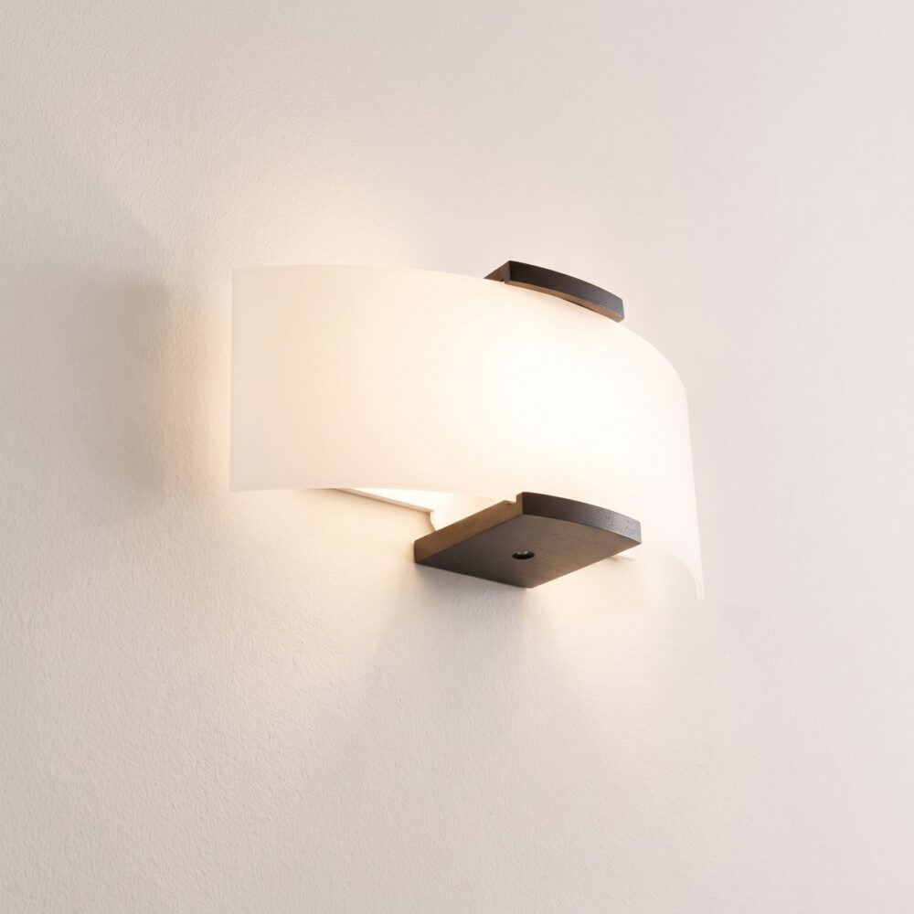Contemporary wall light in wood and frosted glass