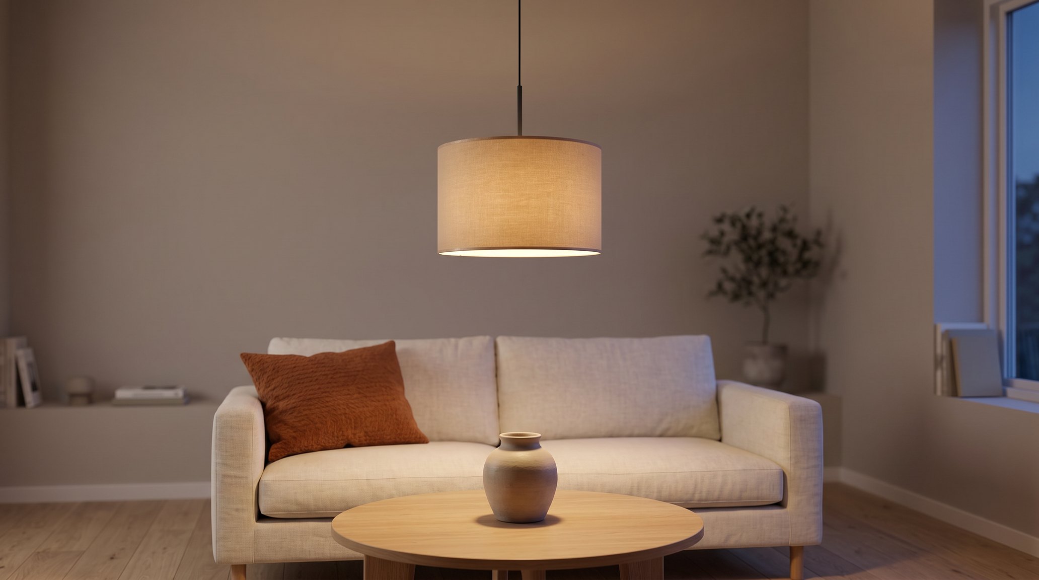 Greige living room in the evening with a cylindrical beige fabric pendant light glowing warm white above a round pale oak coffee table, an off-white linen sofa and a terracotta cushion
