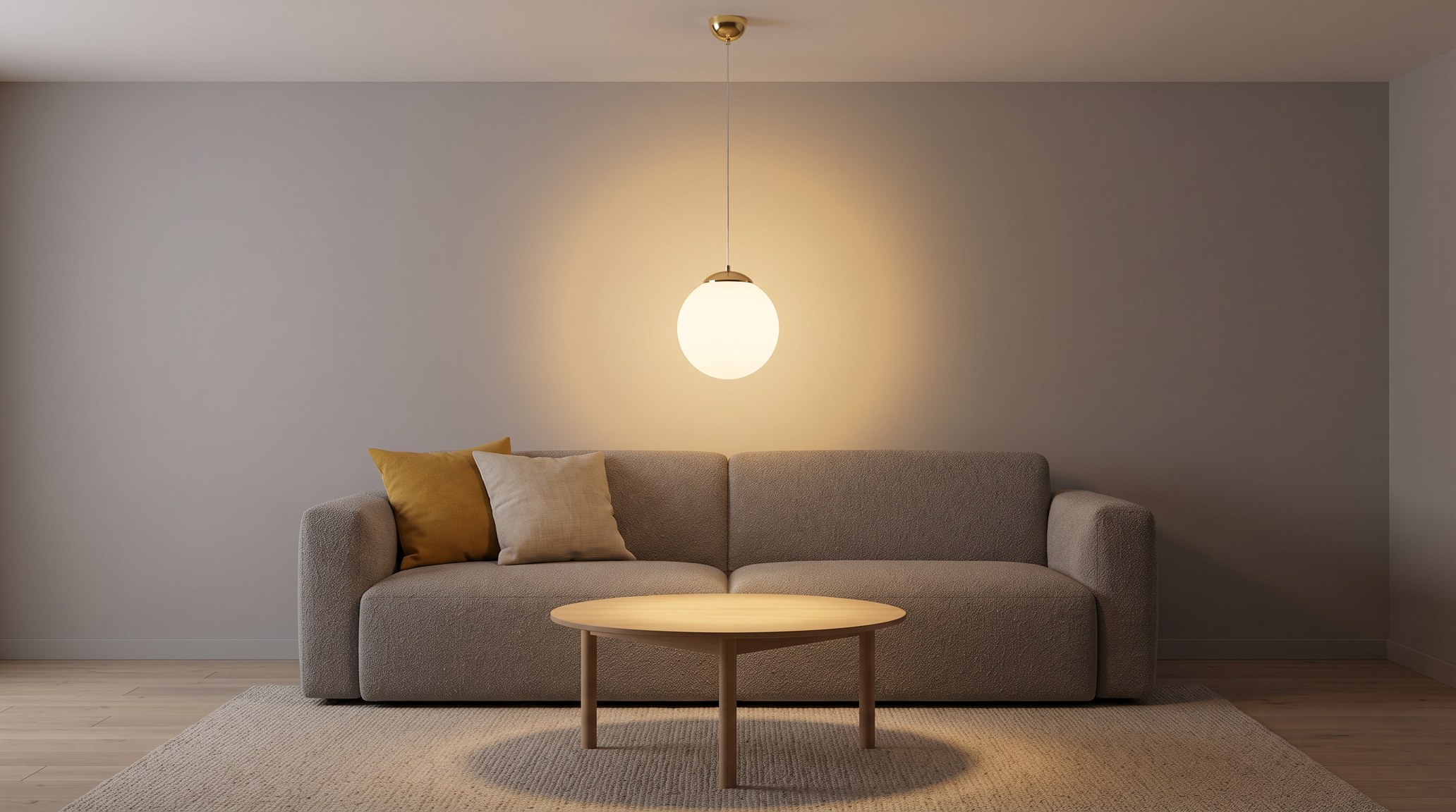 Grey living room in the evening with an opal glass globe pendant light with a gold cap glowing warm white above a round oak coffee table, a grey sofa and a mustard cushion