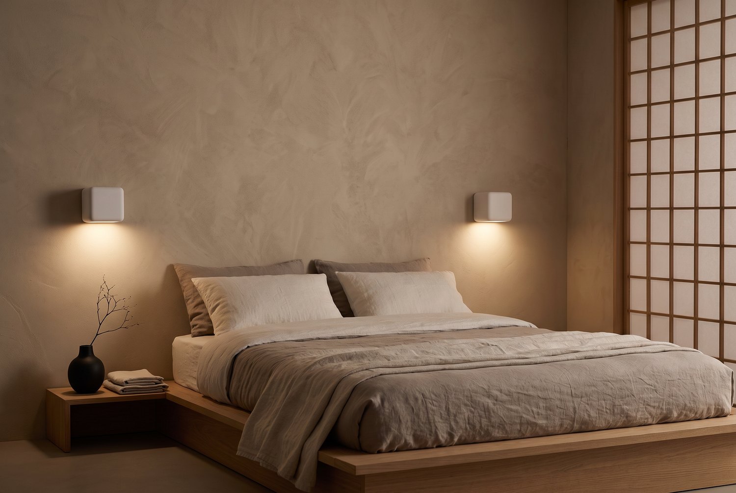 Japandi bedroom at night with two white ceramic wall lights glowing either side of a low oak bed, with taupe and ecru linen bedding