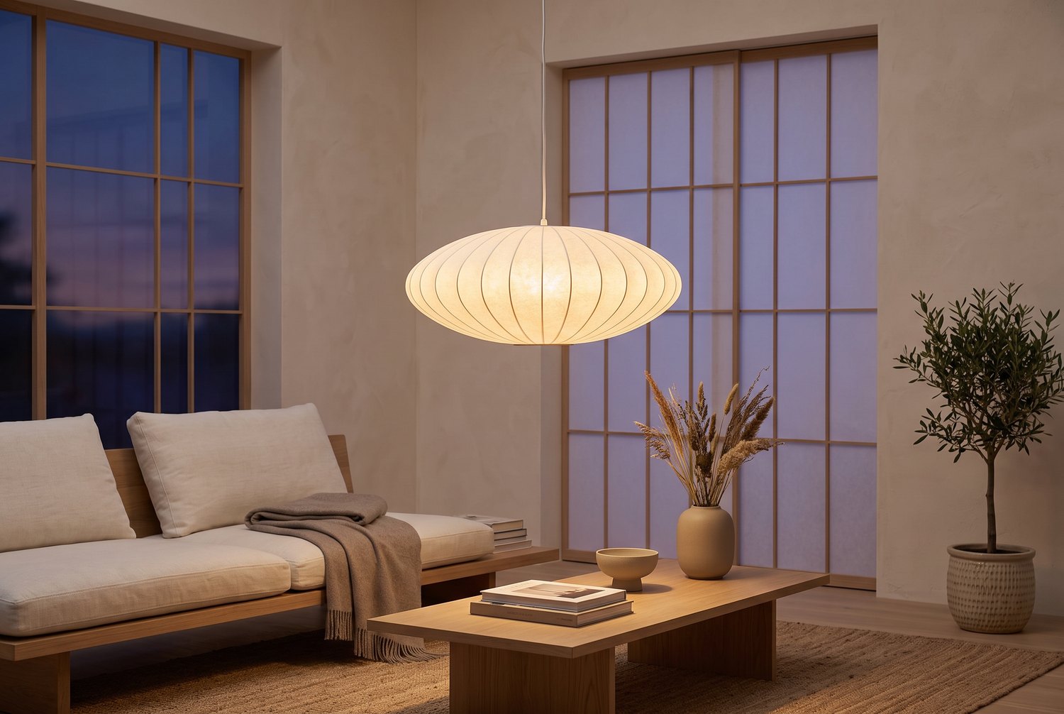Japandi living room in the evening with a wide natural fibre pendant lit above an oak coffee table, a low linen sofa and a timber and paper screen