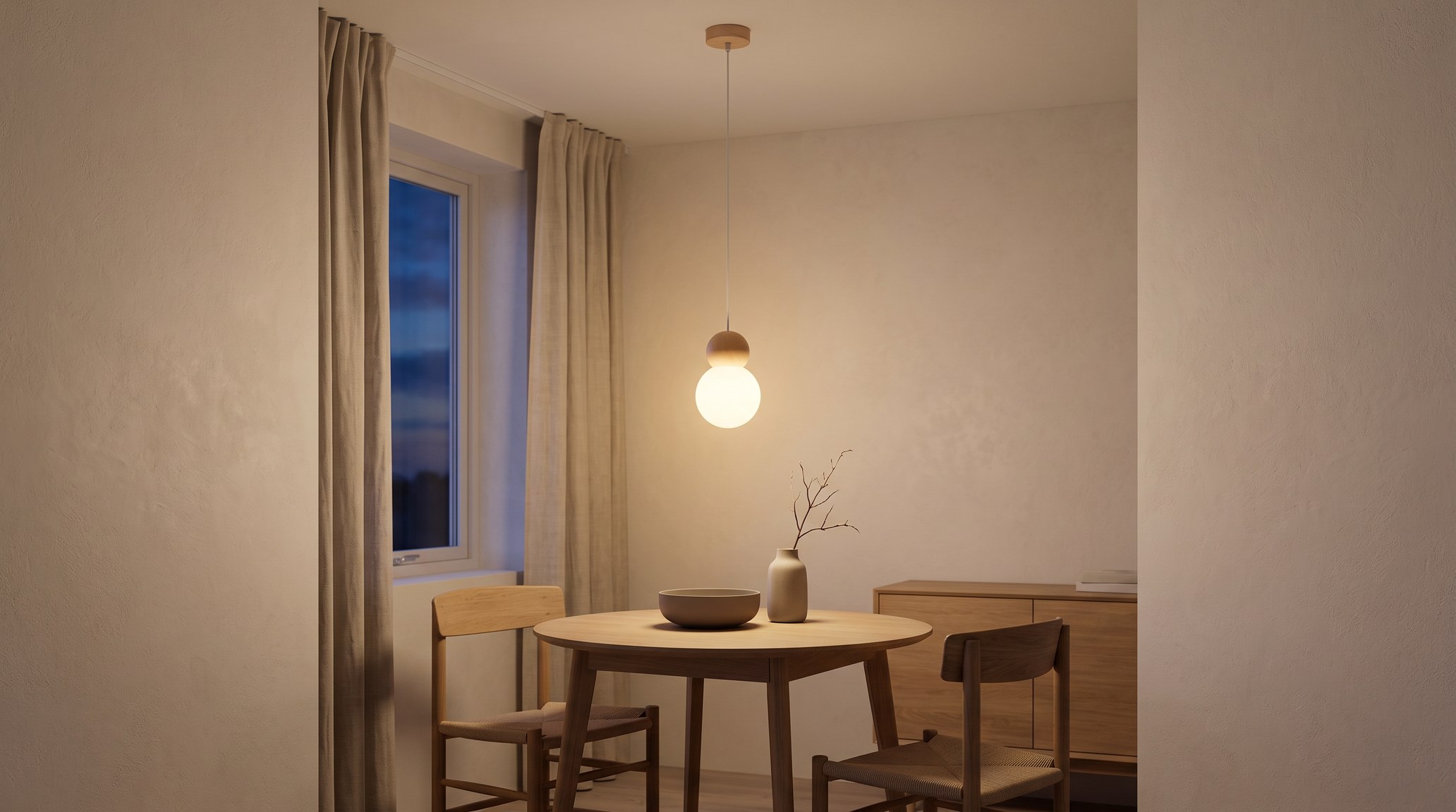 Japandi dining corner in the evening, with an opal glass and pale wood globe pendant glowing warm white above a small round oak table